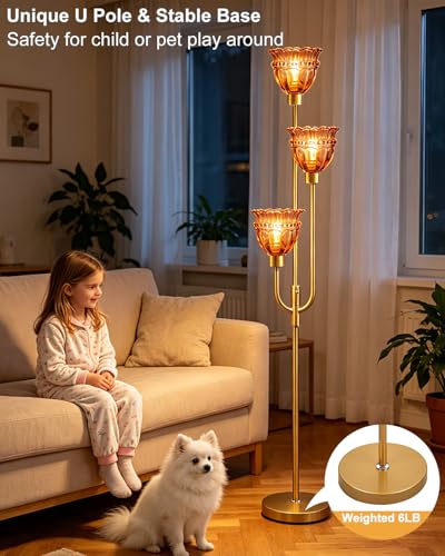 Image of Lightdot 66IN 3-Lights Modern Glass Floor Lamp Gold Dimmable Floor Lamps with 3000K Warm White Bulbs for Wedding Party Tall Standing Lamp with Deep Red Glass Shade for Living Room /Bedroom /Home Decor