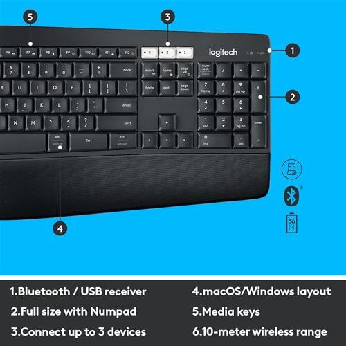 Logitech MK850 Performance Wireless Keyboard and Mouse Combo for Windows, macOS & ChromeOS, Bluetooth & 2.4 GHz USB Receiver, Full-Size Ergonomic Keyboard, Multi-Device, Cushioned Palm Rest – Graphite - Thumbnail 7