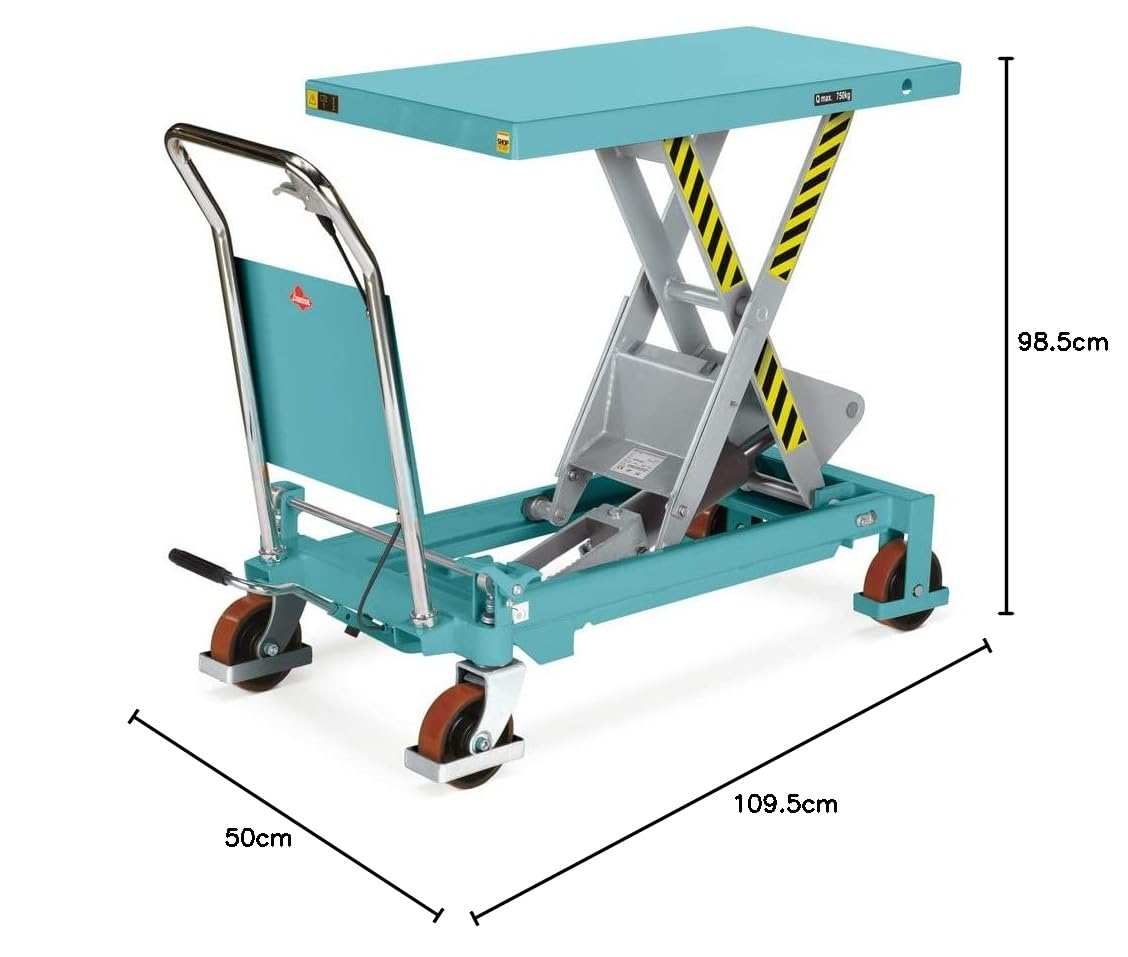 Ameise Scheren-Hubtischwagen LTT | 285-880 mm Hubbereich | 500 kg Tragkraft | 850x500 mm Plattform | Fahrbarer Hubtisch mit festem Bügel | Fußbetriebene Hydraulikpumpe | Stahl | Türkisblau
