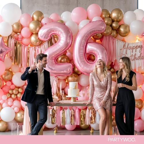 Image of PartyWoo Baby Pink Number 6 Balloon 40 Inch 25pcs Pink Foil Star White Gold