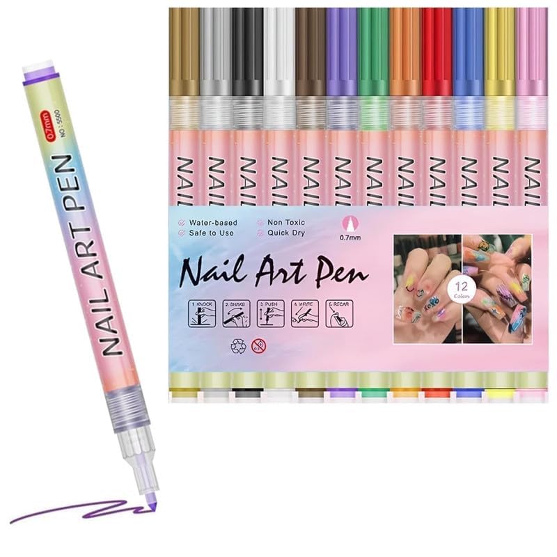 12 Shade Nail Art Marker Pen Set with 0.5 mm Fine Tip and Water Based Colors, Quick Dry DIY Manicure Drawing Kit for Nail Decoration, Creative Patterns, Home Use and Salon Style Designs Practical Use-image-6