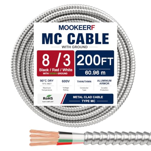 MOOKEERF 8/3 MC Cable with Ground - 200FT Pure Copper 8AWG/3 Metal Clad Wire with Aluminum Armor 8 Gauge 3 Conductor Type MC Alum Cable