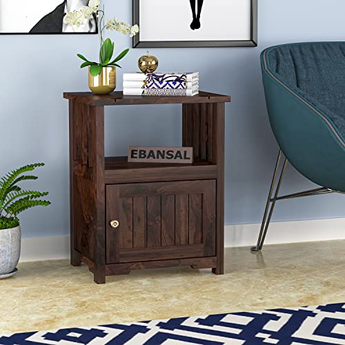 Image of Sheesham Wood Bedside End Table for Bedroom | Solid Wood Sofa Side Table Nightstand with 1 Door Cabinet & 1 Shelf Storage for Home & Living Room | Rosewood, Walnut Natural