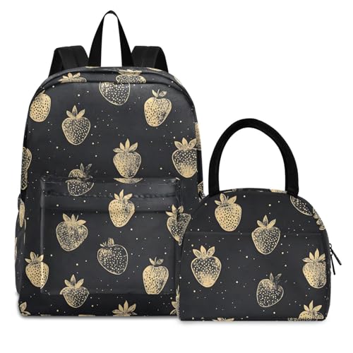 Gold Strawberry Print Backpack Set with Lunch Bag, Large Capacity Travel Backpacks and Lunch Box Insulated for Commute Hiking Picnic