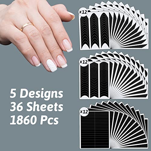1860 Pcs French Tip Nail Guides, Self-Adhesive French V-Shaped Moon Shaped Manicure Strip Stickers For Edge Auxiliary Black Diy Decoration Stencil Tools(5 Designs, 36 Sheets) #TOP1