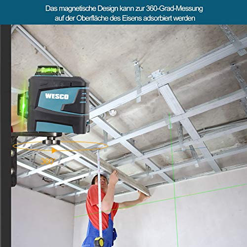 Foto von WESCO Lasernivellier 2 x 360 °Grün Selbstnivellierend Kreuzlaser, mit wiederaufladbarer Lithium-Batterie 20m Arbeitsbereich für Innenbereich Baustelle +BrilleL-Bügel und Zieltafel