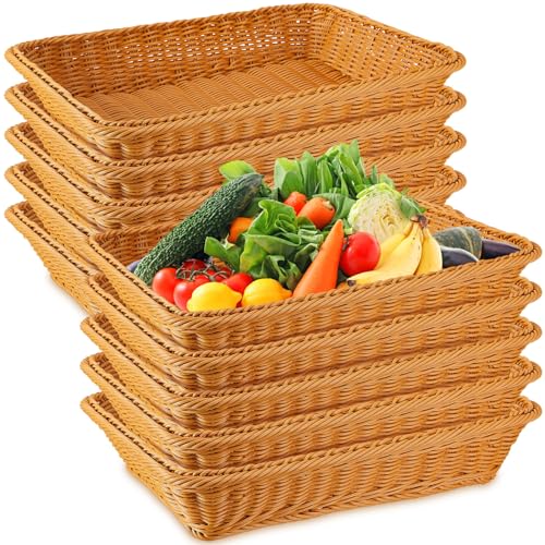 Tioncy 10 Pcs Poly Wicker Woven Bread Basket Imitation Rattan Fruit Basket Tray Stackable Rectangular Food Baskets for Serving Display Storage Kitchen Restaurant Home Vegetable (17.72 x 13.78 x 3.15)