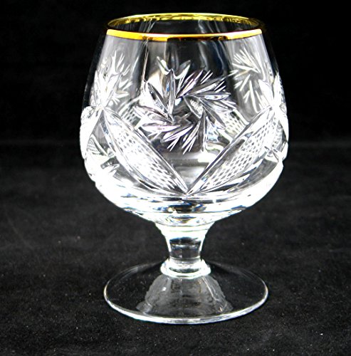 SET of 6 Russian Cut Crystal Stemmed Snifter Goblet for Cognac Scotch Whiskey, 24K Gold Rimmed 7 Oz. Glass, Vodka Liquor Old-fashioned Glassware, Hand Made