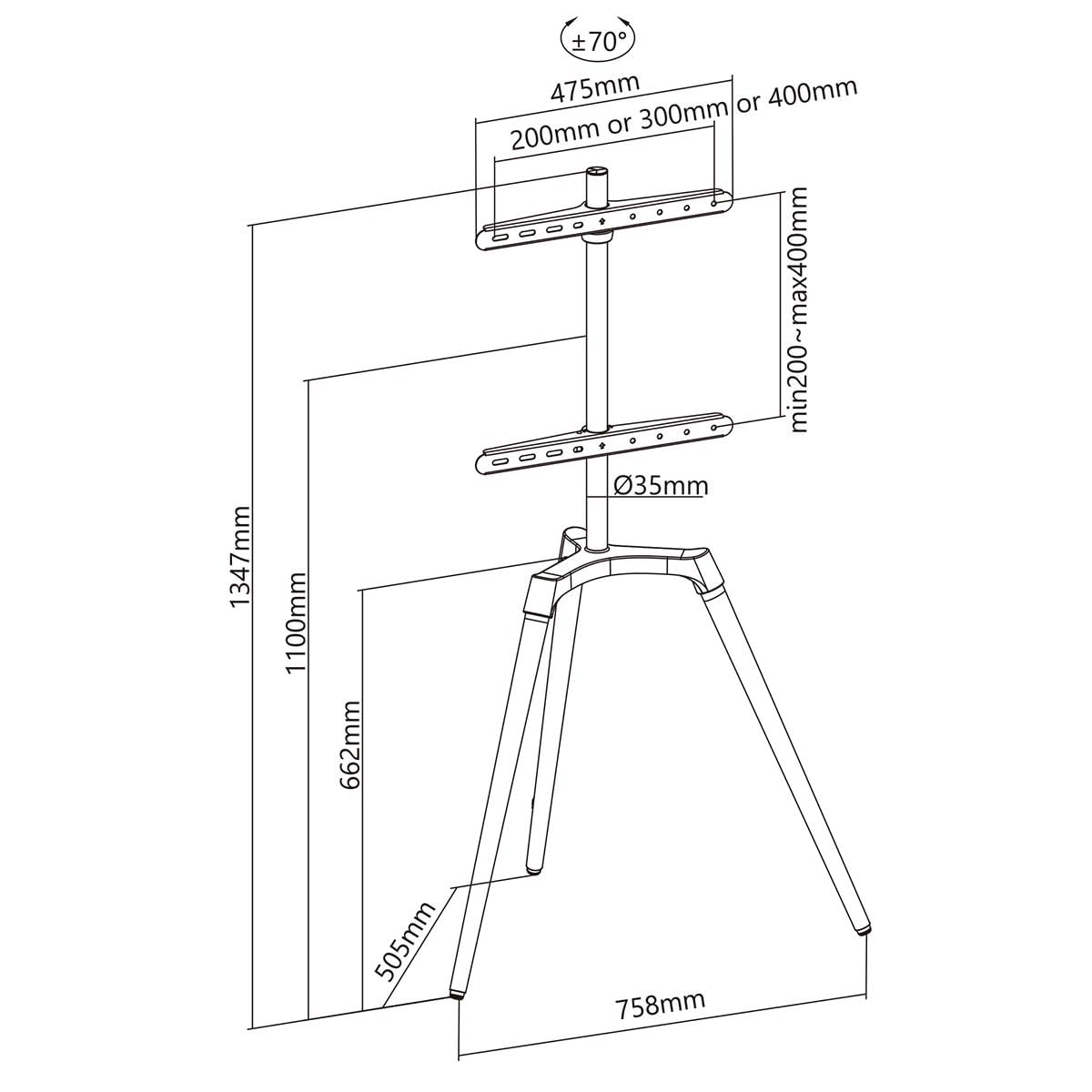 Nedis TVSM7060BK TV Floor Stand dimensions diagram