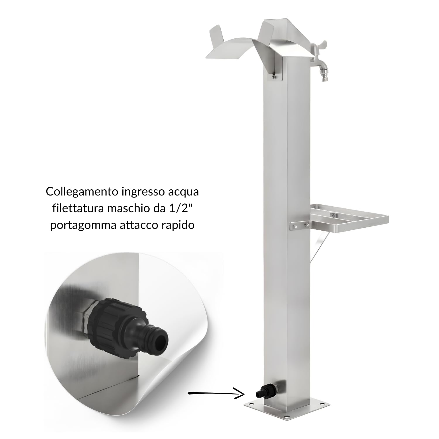 Fontana da Giardino a Colonna Esterno MAGNOLIA Acciaio Inox Spazzolato H 95 cm a Pavimento con Mensola