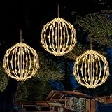 Set of 3 Christmas LED Light Balls, Hanging Tree Globe Light Fold Flat Metal Frame Ball Light Indoor Outdoor Christmas Decoration (Warm White)