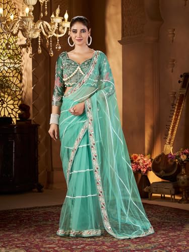 Image of Pandadi Saree Women's Net Embroidery Work Saree With Unstitched Blouse Piece