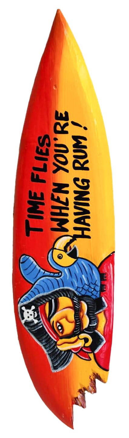 My Family House Wooden Surfboard Shaped Tiki Wall Sign, Fair Trade, Tropical Slogans 60cm (Time Flies When You're Having Rum)