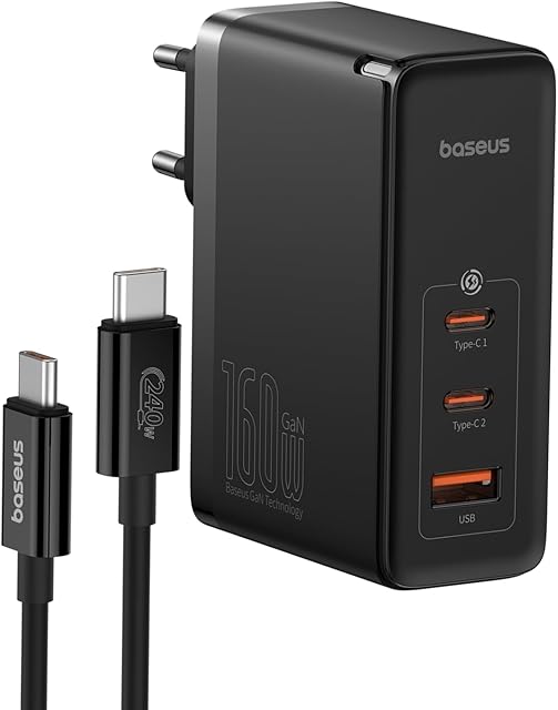 Baseus USB-C Ładowarka 160W, 3-portowa PD3.1 PPS, szybka ładowarka z technologią GaN, adapter kompatybilna z MacBook Pro/Air, iPhone 15/14/13, iPad Pro, Samsung S23, SteamDeck. 2*USB-C + 1*USB-A