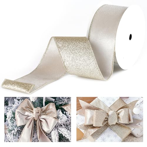 LIZLOVESS Champagne Velvet Wired Ribbon with Glitter Back 2.5 Inch Ivory and Gold Christmas Wired Ribbon for Christmas Tree Decorations, Gift Wrapping, Mantel, Wreaths Supplies, Topper Bows (10 Yards)