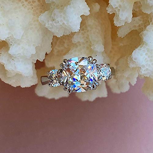 Classic Three Stone Cushion Cut Solitaire Engagement Ring Square Sterling Silver Anniversary Bridal Ring2