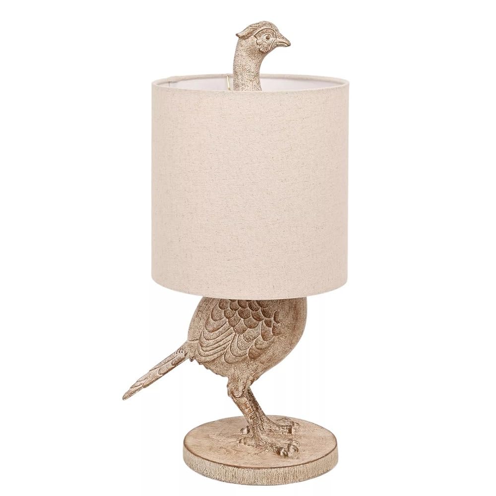 Britalia Grey Wood Effect Pheasant Table Lamp With Beige Fabric Drum Shade, E27 Es, 54Cm X 23Cm, 1.4Kg, Inline Rocker Switch