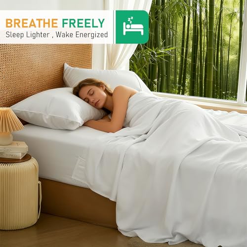 Image of 100% Viscose Derived from Bamboo Sheets Queen Size, Soft & Cooling Viscose from Bamboo Sheets Set, Organically Grown,Breathable & Soft Deep Pocket Up to 18 Inches(White)