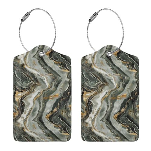 2 Pack Green Marble Gold Liquid Stone Luggage Tags for Suitcases, Leather Baggage Tag with Loop, Funny Cool Name Id Card Cover Travel Bag Labels Set for Women Men Boys Girls Kids