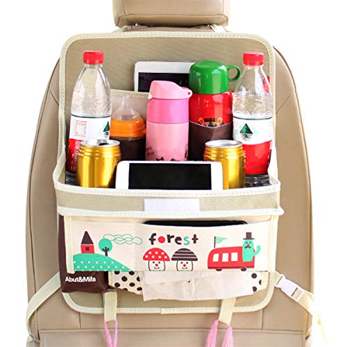 Ergocar Organizadores para Coche Lindo Dibujos Kick Mats para Niños Impermeable Multi-Bolsillos Protector de Asiento con Plegable Mesa para Tableta (Bosque)