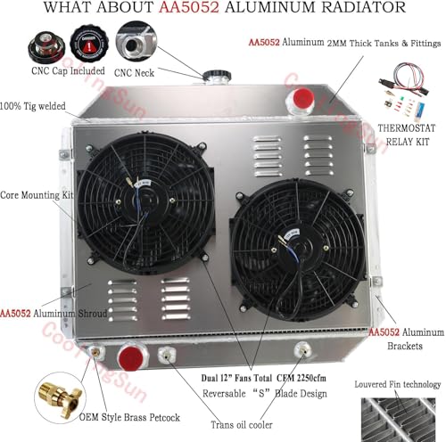 Image of 3 Row Aluminum Radiator for 1966-1979 Ford F100 F150 F250 F350 Bronco Truck 2.8-7.5L V8 Radiators with Electric Fan Shroud Thermostat Kit 1968 1969 1970