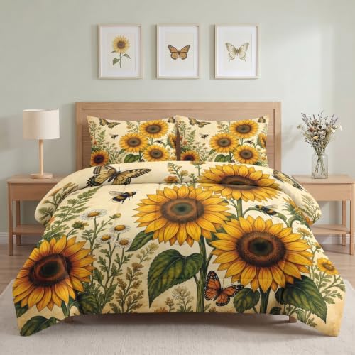 WeCozy 3 Pcs Full Size Comforter Set with 2 Pillowcases Sunflower Butterfly Vintage Soft Bedding for Kids and Adults Bee Farmhouse Comforter Set for Room Bedroom Bed Decor