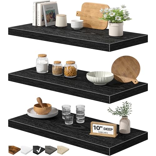 Image of QEEIG 10 inch Deep Floating Shelves for Wall - 10 x 24 inch Book Shelf Bathroom Bedroom Kitchen Living Room Hanging Bookshelf Farmhouse Set of 3, Black (025-60B3)