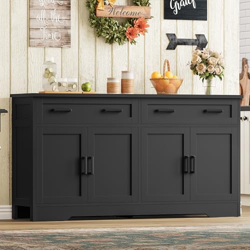 Image of usikey Buffet Cabinet with Storage and Drawers, 55" Large Sideboard Buffet Cabinet with Adjustable Shelves and Doors, Modern Coffee Bar for Kitchen, Living Room, Black