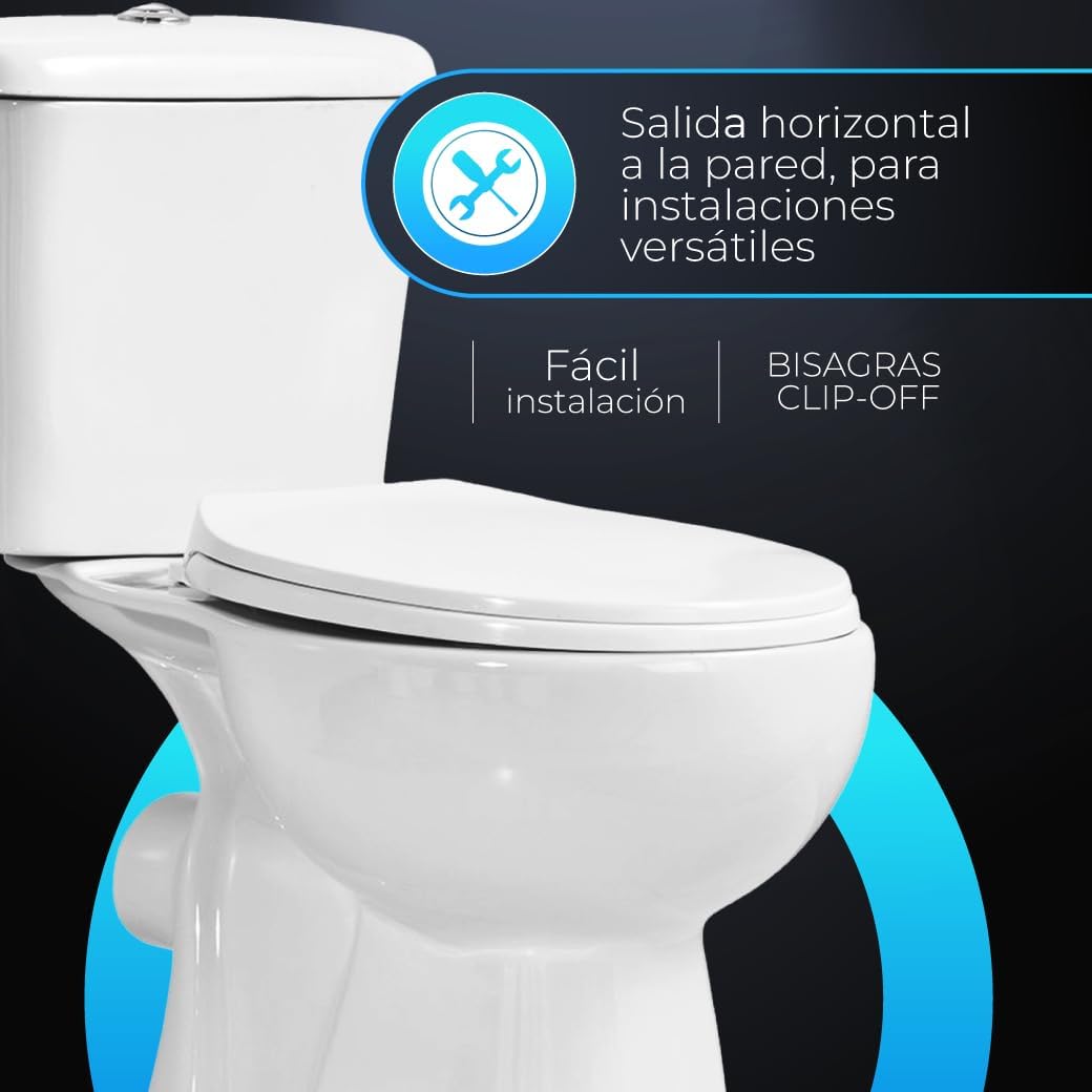 Inodoro Blanco, Wc Inodoro COMPLETO, Retrete para Hogar, Sistema ANTIBACTERIA, Tapa Dura Extrafina AMORTIGUADA, Salida Horizontal