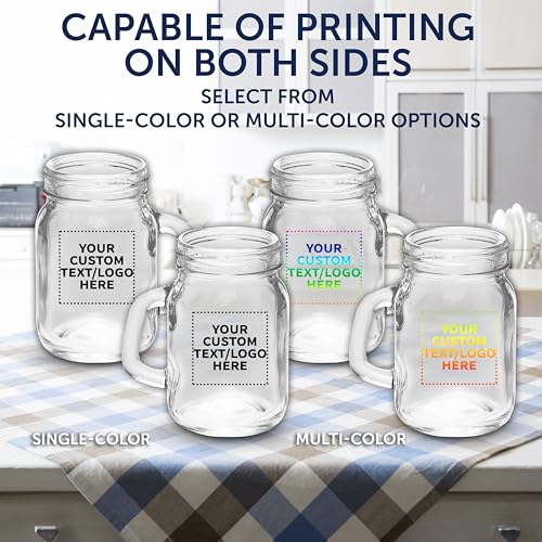 Custom Mason Jar with Handle Set 4.5 oz. Set of 100, Personalized Bulk Pack - Sampler Glasses, Glass Jars for Overnight Oats, Candies, Fruits, Pickles, Spices, Beverages - Clear