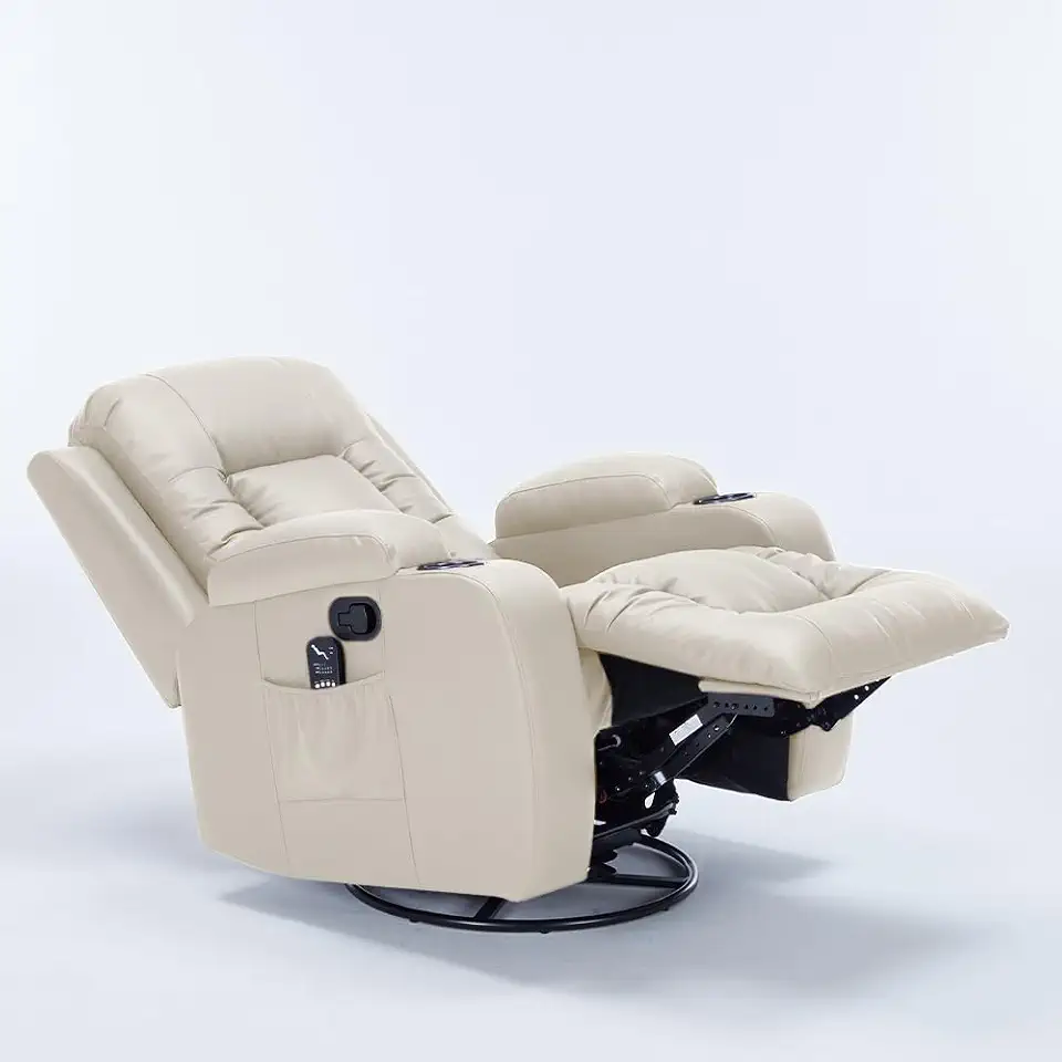 Cadeira com Massagem Poltrona do Papai Giratória Reclinável Manual Austin Aquecimento PU Bege G94 - Gran Belo
