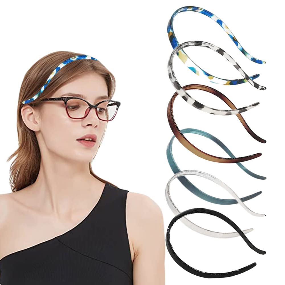 BIKCZEWIN 6 Pieces No Pressure Headbands for Women Flex Non Slip Plastic Teeth Comb Skinny Hair Loop Hair Accessories for Girls Wear Glasses