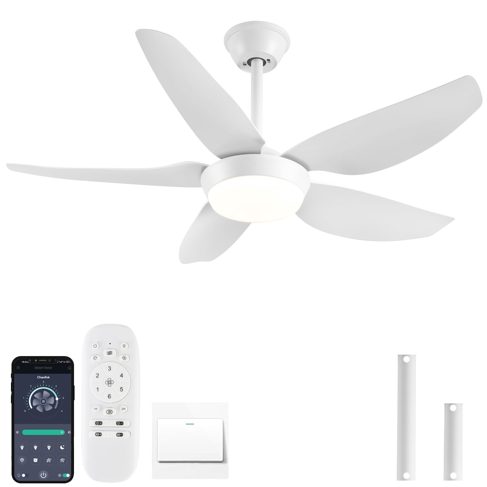 43 Inch Ceiling Fans with Lights, Low Profile White Ceiling Fan with Light and Remote/APP Control, 3 Color Dimmable Reversible 6 Speed Modern Ceiling Fan Light for Indoor/Outdoor, White