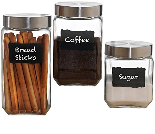 Circleware Provincial Chalkboard Glass Canisters With Metal Lids, Set Of 3, Kitchen Glassware Food Beverage Preserving Containers For Coffee, Sugar, Tea, Spices, Cereal, 84 Oz, 44 Oz, 32 Oz, 3Pc #TOP4