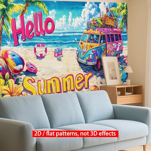 Image of 71x43 Inch Hello Summer Banner Retro Camper Van Beach Backdrop Floral Tropical Yard Decorations Seasonal Outdoor Decor Fence Sign