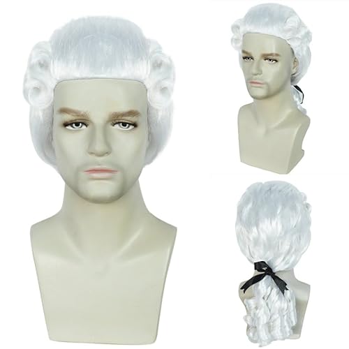 BEKIDER (+Hair Cap) Lawyer Wig Cosplay White Ponytail Wigs Men Colonial Wig Adult Judge Powdered Wigs Men Funny White Wavy Hair for Halloween Christmas Party Costume - Image 6