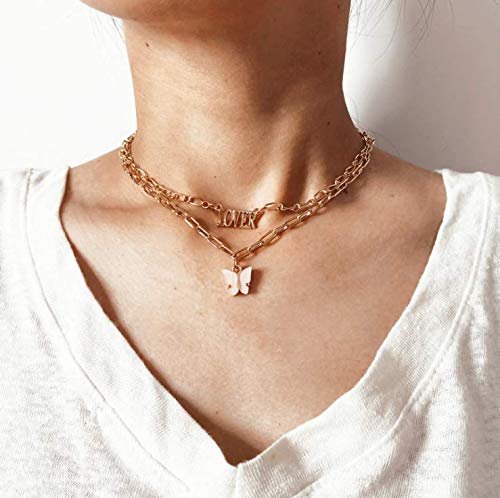 Blufly Boho Layered Pink Butterfly Pendant Necklaces Gold Letter Choker Necklace Word Chunk Necklace Chain Sweater Necklace Jewelry for Women and Girls