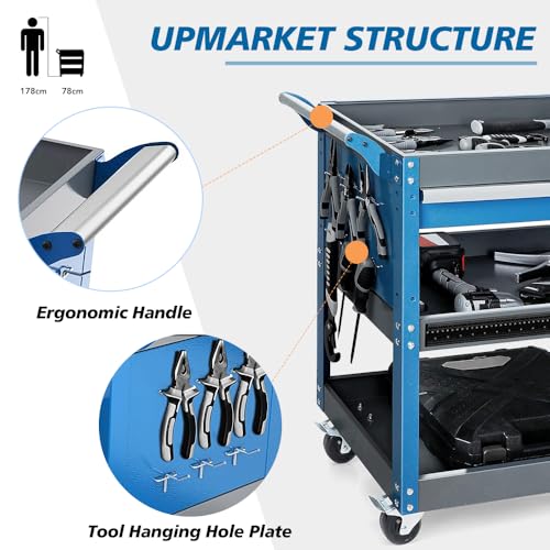 AIRAJ Heavy Duty Tool Trolley, 78 * 35 * 70cm Metal Cart with Large Lockable Drawer and Rack, Work Trolley for Transporting Heavy Equipment, Load Capacity 200KG