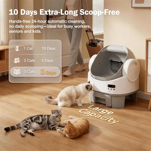 WARCAT Self-Cleaning Cat Litter Box, Open-Top Automatic Litter Box with Child Lock, 10L Large Capacity Waste Drawer, No APP Required, Includes Garbage Bags & Cleaning Mat (Gray & White) - Image 3