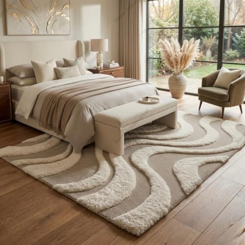 Image of SWEET HOMES Luxury Abstract Shag Rug, Thick Soft Area Carpet for Living Room, Bedroom, 12 x 18 Feet (366 x 549 cm), Beige & Ivory