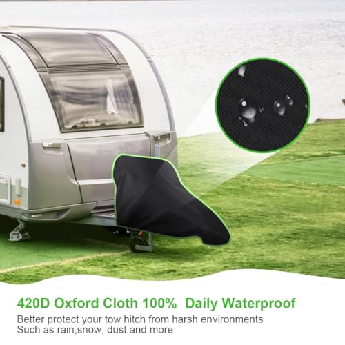 URAQT Deichselabdeckung, Universale Deichselhaube mit Grün Reflexstreifen und Klickverschluss Wetterschutz Plane 420D Deichselschutzhülle für Wohnwagen Wohnmobil und Anhängertypen