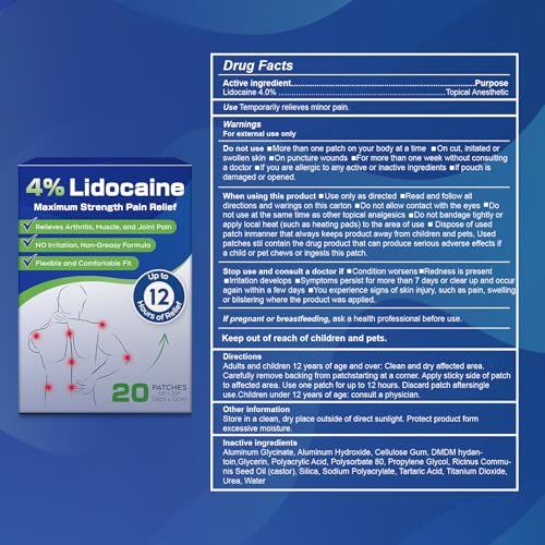 Image of Uposiut Lidocaine 4% Patches, Extra Strength Lidocaine Patches,for Neck, Shoulder, Back, Knee, and Ankle Muscles, 12-Hour Effectiveness-012345 20 Patches