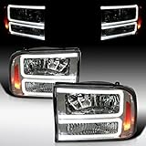 AUTOZENSATION Compatible with 1999-2004 Ford F-250, F-350, F-450 SuperDuty, 2000-2004 Excursion, Left + Right Head Lights Assembly, Smoke Headlights with LED Bar