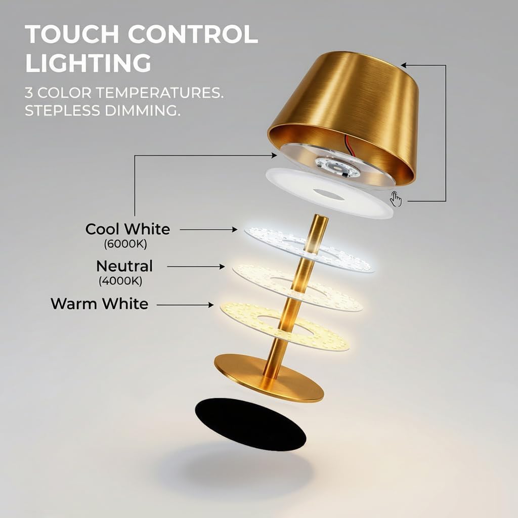 Gold Cordless Table Lamp, Premium All-Metal Brushed Wireless Rechargeable Lamp with Long Battery Life, No Assembly Accent Light for Dining Table, Living Room, Patio, Cafe & Bar