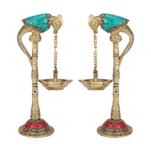 PARIJAT HANDICRAFT A Pair of Bird Brass Diya for Puja Room Large Size Parrot Oil Diya Hanging in Chain from Beak in Colored Stone Feng Shui Gift Puja