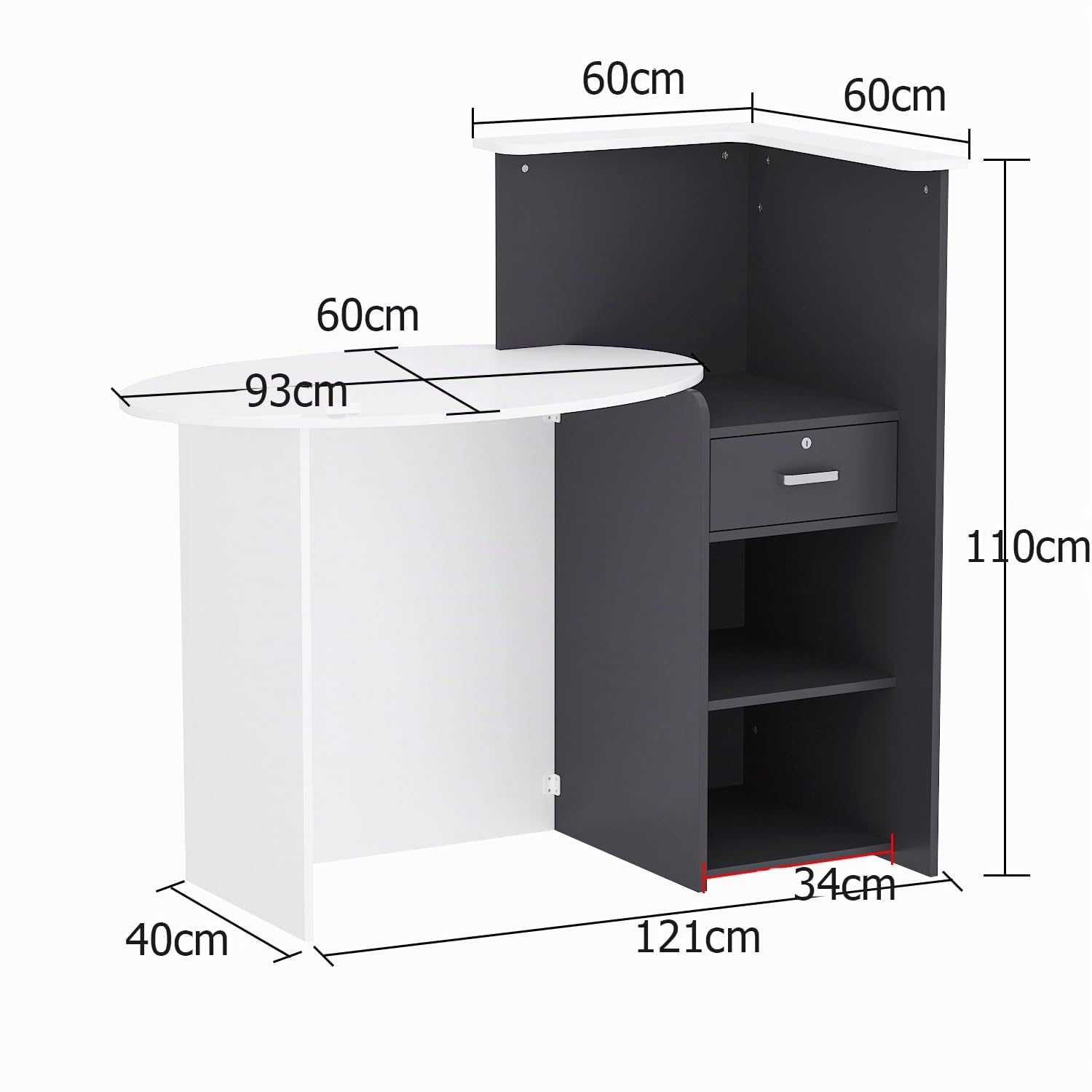 Mesa de Oficina, Mueble Recepción, Mostradores de Recepción Grandes, Mostrador Basic, Mostradores para Tiendas, Recepción Mueble, Blanco y Negro, MDF, 40 x 121 x 110 CM