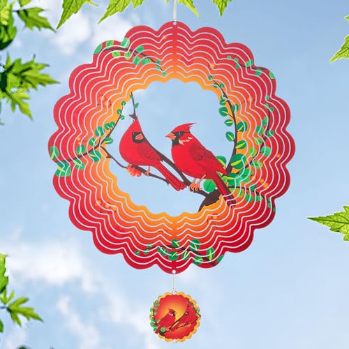 Cardinal Wind Spinners Garden Yard Decor Gift for Women Men, 12 Inch Outdoor Metal 3D Wind Spinner, Stainless Steel Hanging Wind Catchers Kinetic Sculpture for Outside Decoration
