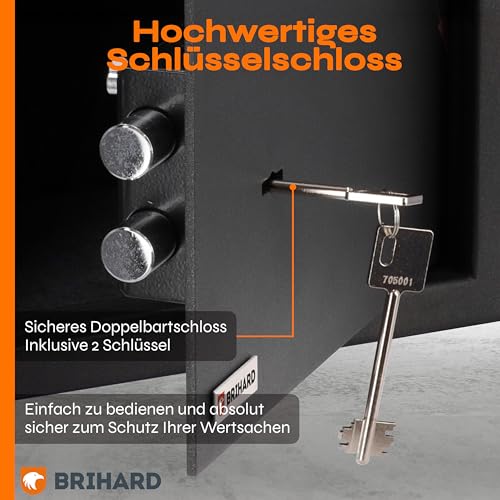 Brihard Business XXL Tresor mit Schlüssel 73x40x36cm & Feuerfeste Dokumententasche A4, 102L Großer Stahl Safe für Zuhause oder Büro mit 3 Höhenverstellbaren Ablagen, für Laptop, Geld & A4 Dokumente
