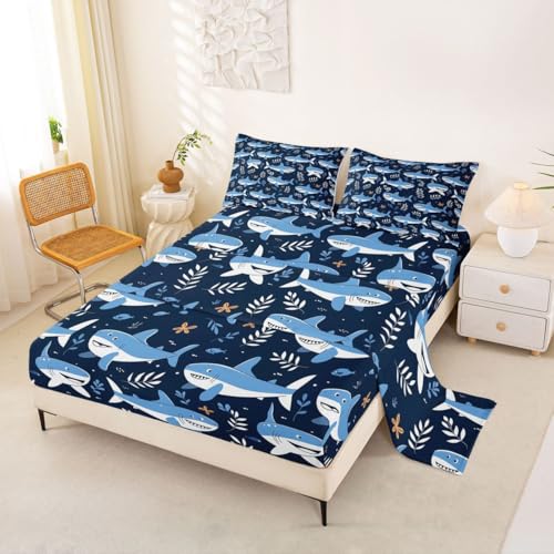 Image of jejeloiu Shark Bed Sheets Set Queen Size Ocean Decor Deep Pocket Fitted Sheet Sea Animal Bedding Sets Marine Life Soft Bed Set 4Pcs with 2 Pillow Cases