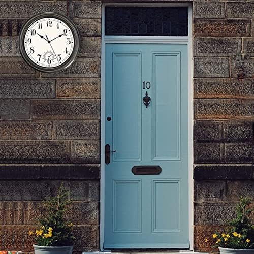 Large Outdoor Indoor Clock, 12 Inch Waterproof Wall Clock with Thermometer, Weather-Resistant Non-Ticking Battery Operated Vintage Decor Clock for Patio, Pool, Lanai, Fence, Porch,Garden,Bathroom,Gift